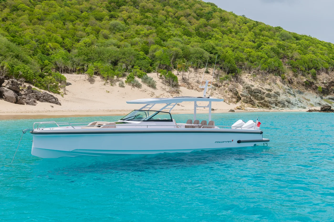 Axopar Sun Top 37 at anchor in turquoise water